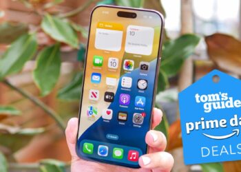 iPhone 16 Pro Max with Prime Day Deal badge near it.