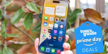iPhone 16 Pro Max with Prime Day Deal badge near it.