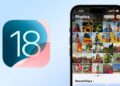 iOS 18 logo next to iOS 18 Photos app screenshot on iPhone