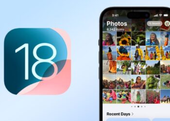 iOS 18 logo next to iOS 18 Photos app screenshot on iPhone