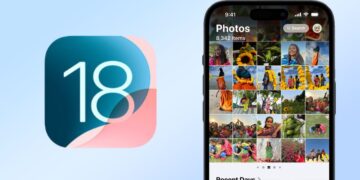 iOS 18 logo next to iOS 18 Photos app screenshot on iPhone
